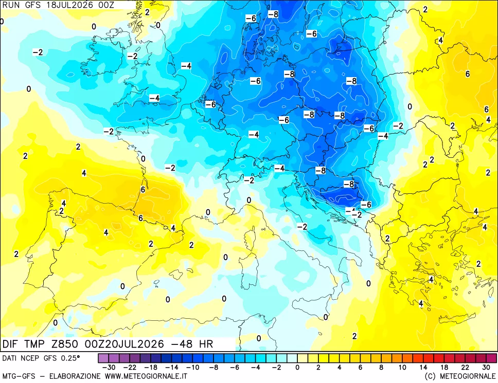 mappa Dif. Temp a 850 hPa Valid - Init