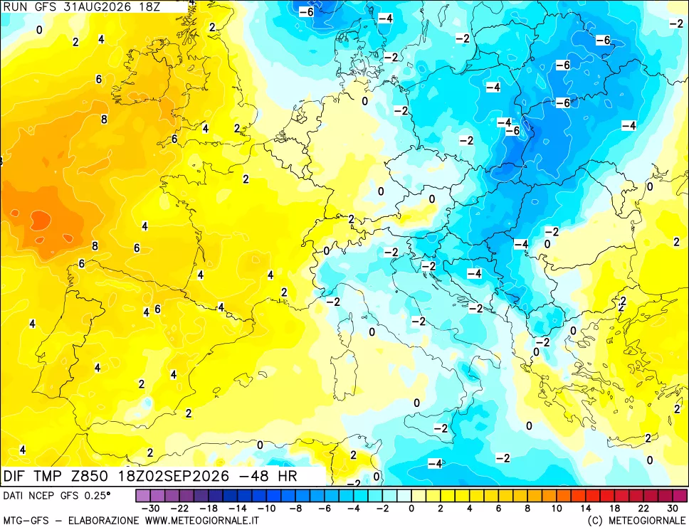 mappa Dif. Temp a 850 hPa Valid - Init