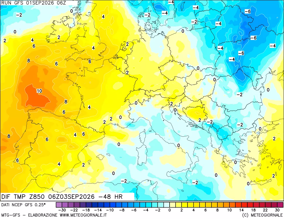 mappa Dif. Temp a 850 hPa Valid - Init