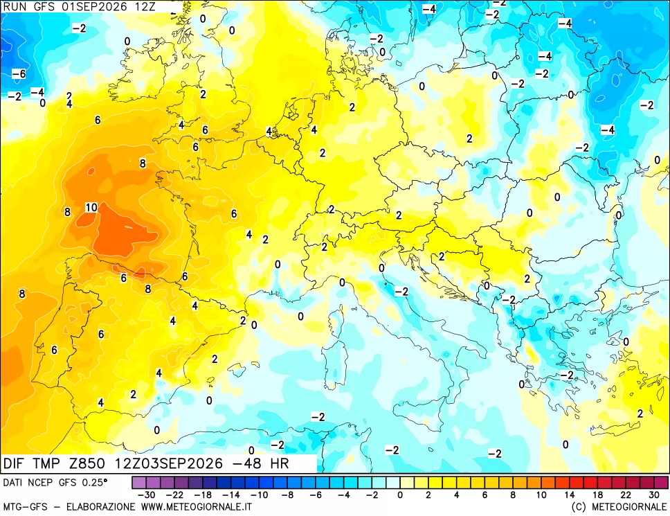 mappa Dif. Temp a 850 hPa Valid - Init