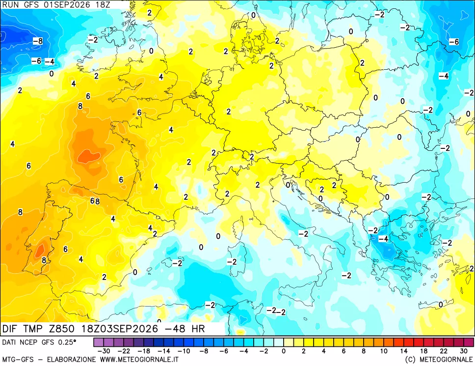 mappa Dif. Temp a 850 hPa Valid - Init
