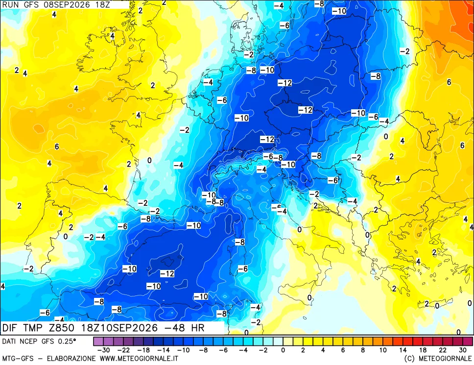 mappa Dif. Temp a 850 hPa Valid - Init
