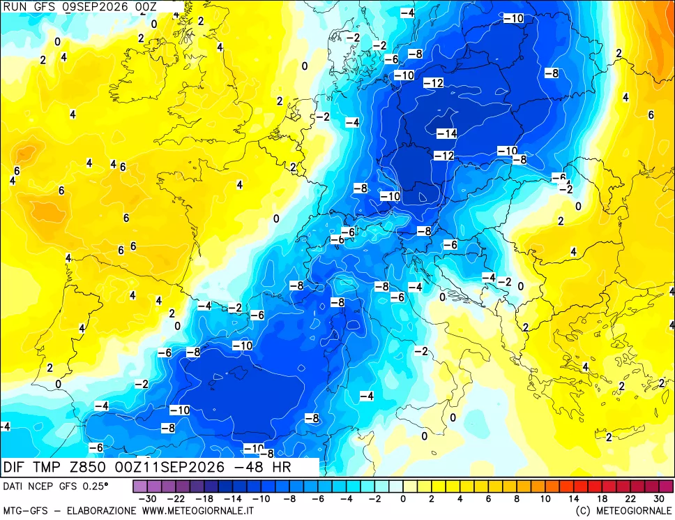 mappa Dif. Temp a 850 hPa Valid - Init