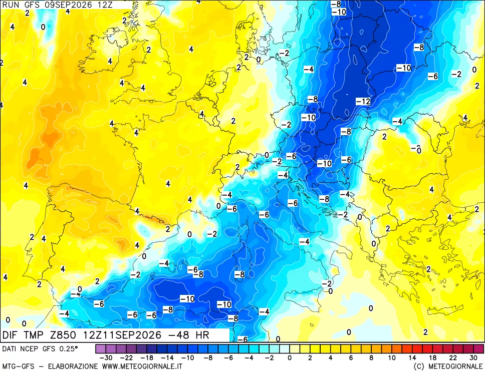 mappa Dif. Temp a 850 hPa Valid - Init