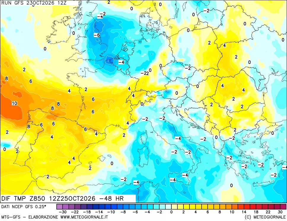 mappa Dif. Temp a 850 hPa Valid - Init
