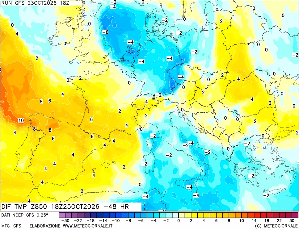 mappa Dif. Temp a 850 hPa Valid - Init