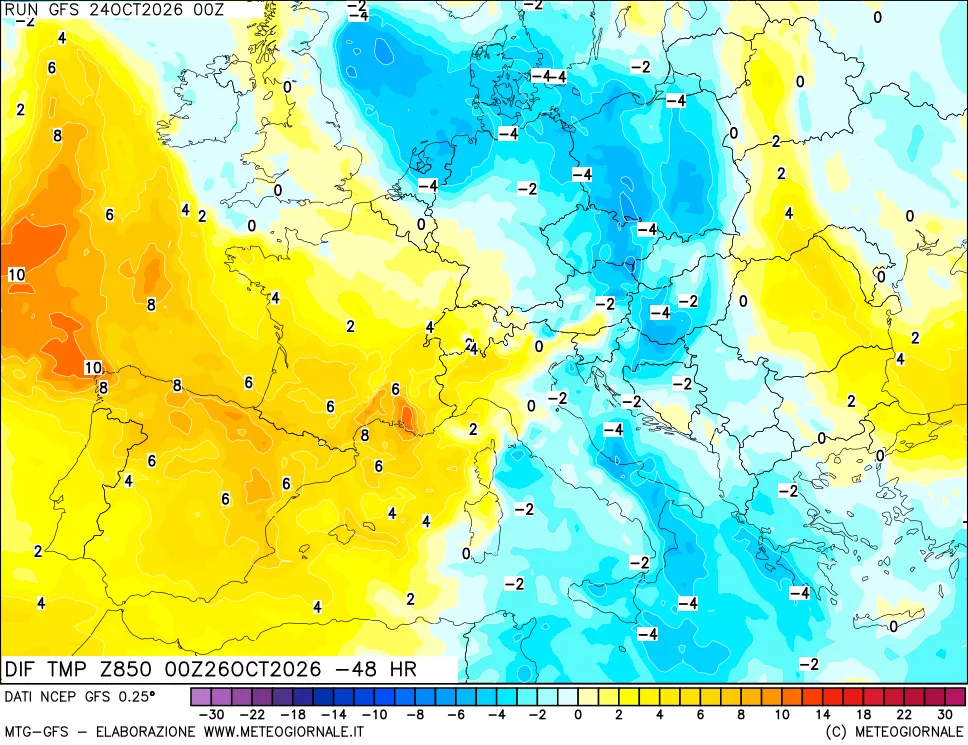 mappa Dif. Temp a 850 hPa Valid - Init