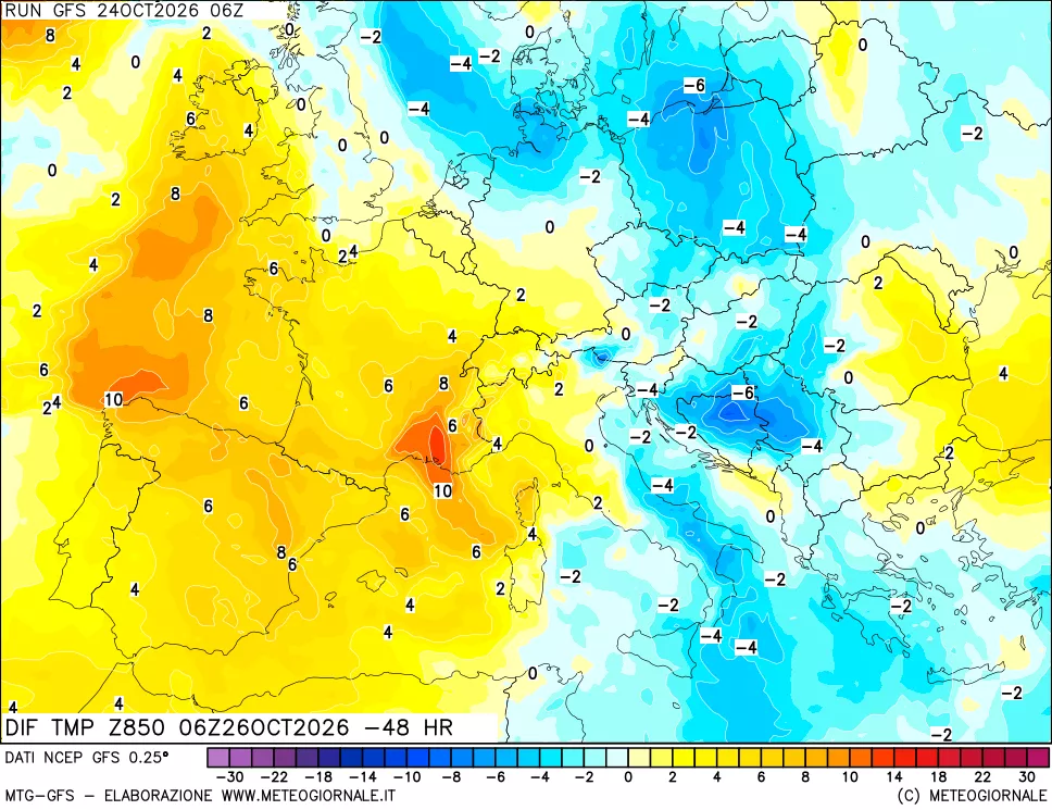 mappa Dif. Temp a 850 hPa Valid - Init