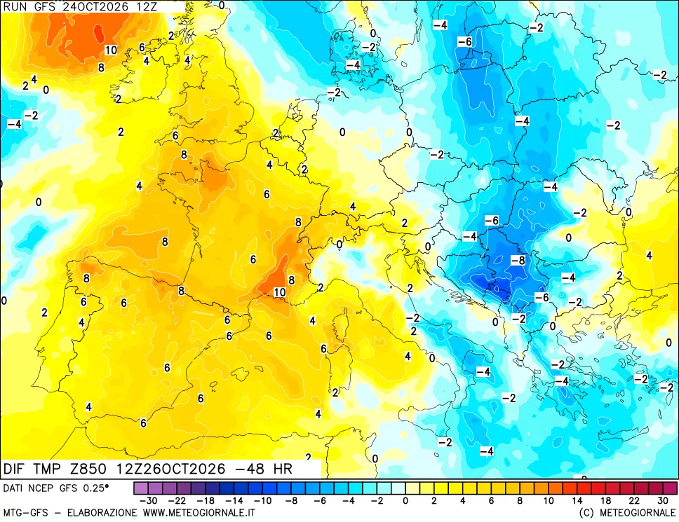 mappa Dif. Temp a 850 hPa Valid - Init