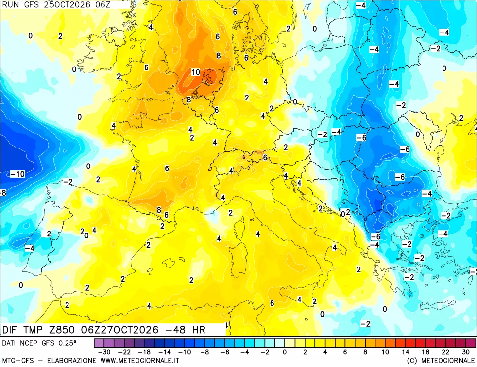 mappa Dif. Temp a 850 hPa Valid - Init