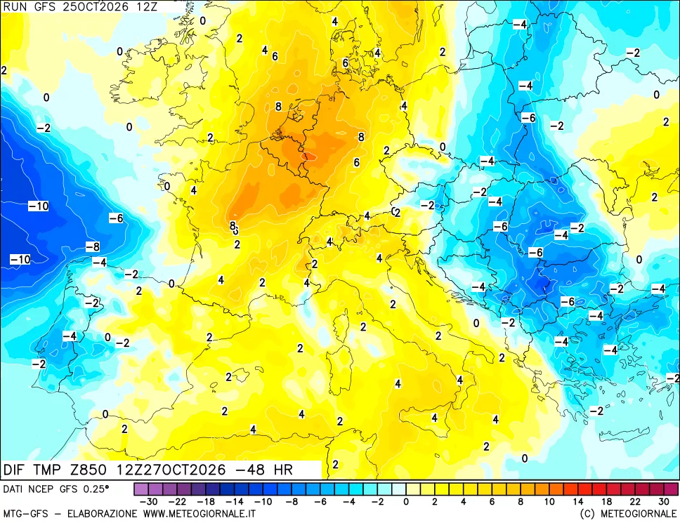 mappa Dif. Temp a 850 hPa Valid - Init