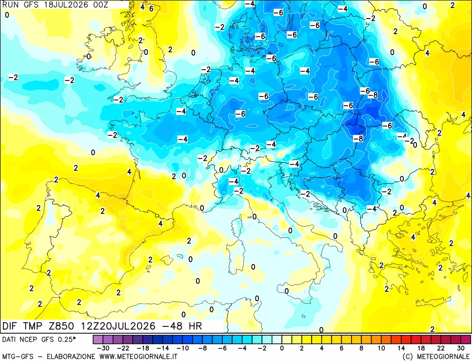 mappa Dif. Temp a 850 hPa Valid - Init