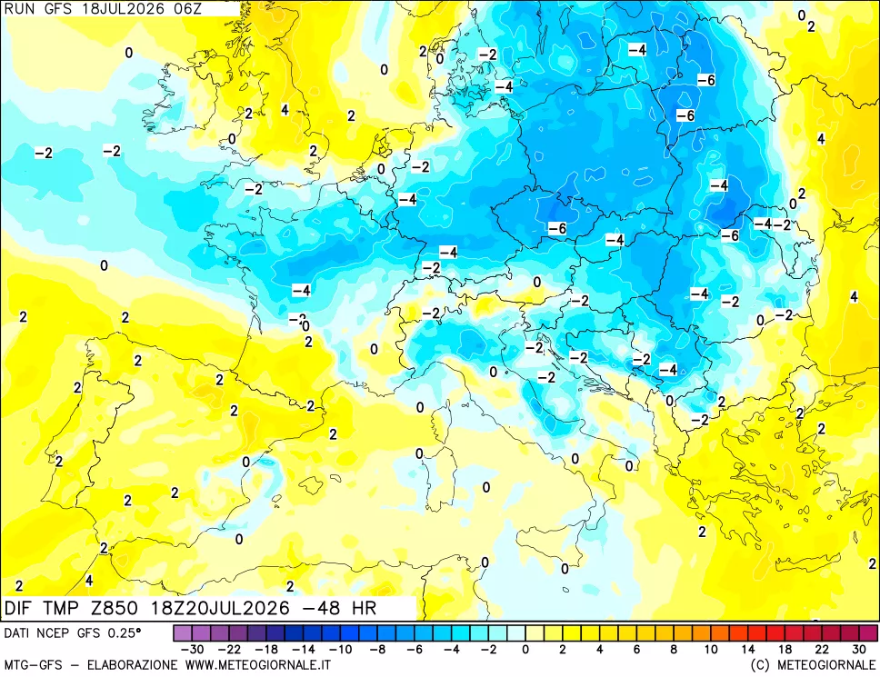 mappa Dif. Temp a 850 hPa Valid - Init