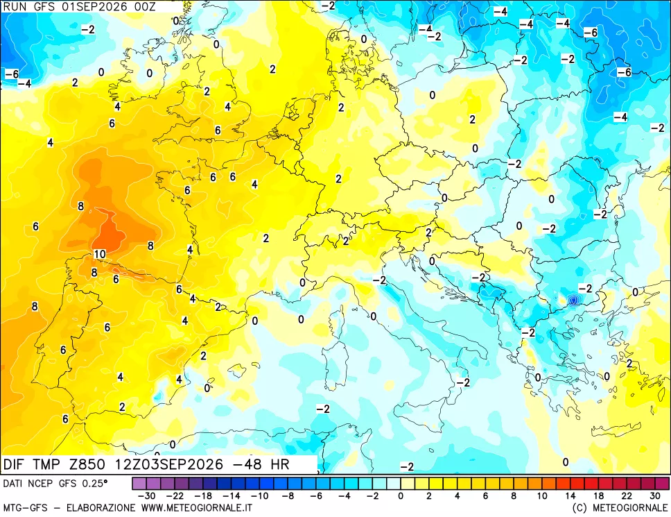mappa Dif. Temp a 850 hPa Valid - Init