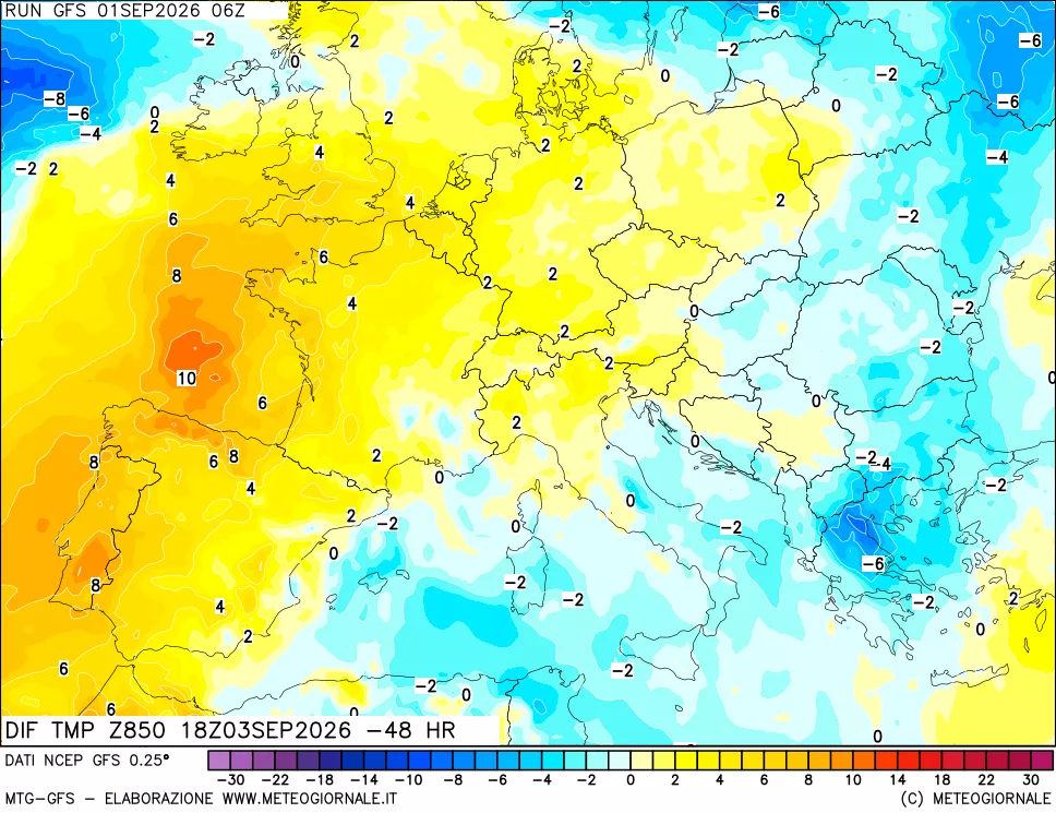 mappa Dif. Temp a 850 hPa Valid - Init