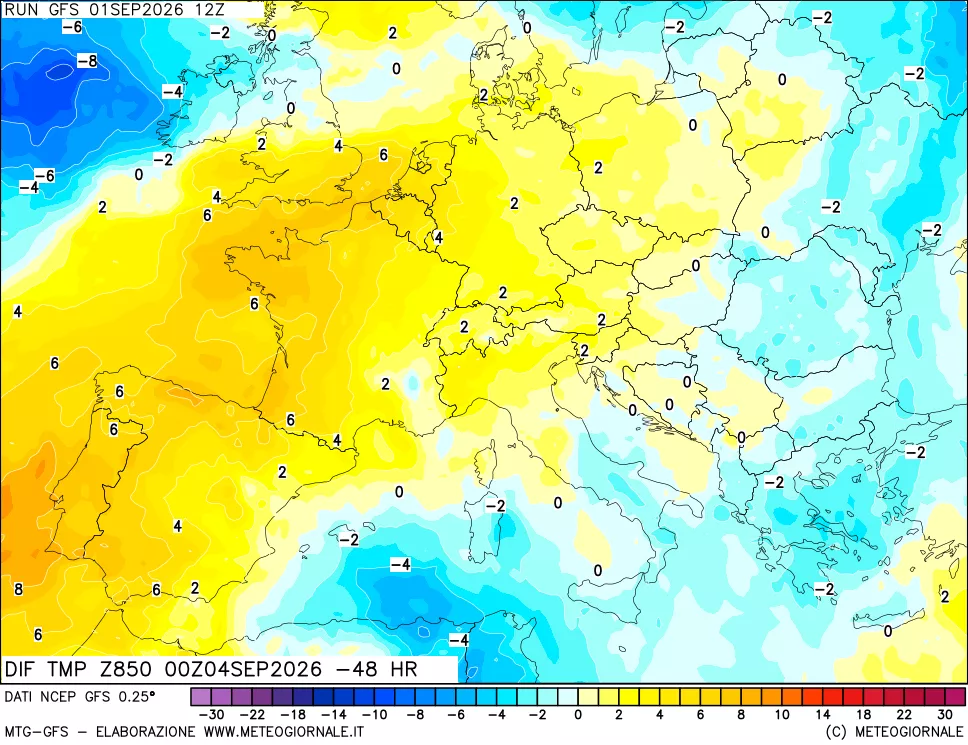 mappa Dif. Temp a 850 hPa Valid - Init