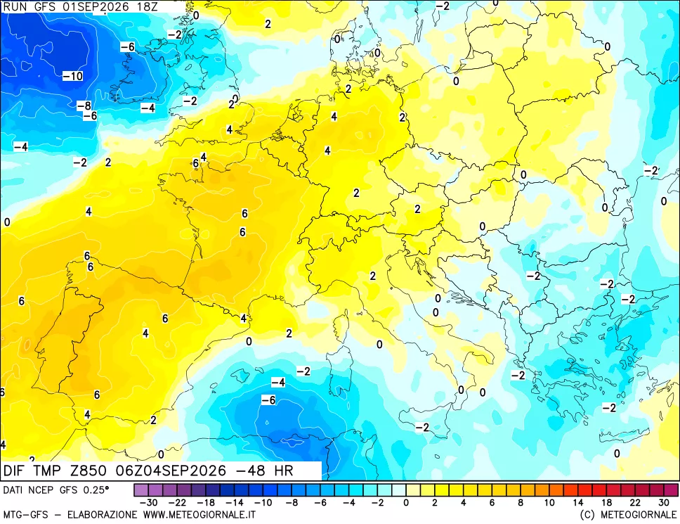 mappa Dif. Temp a 850 hPa Valid - Init