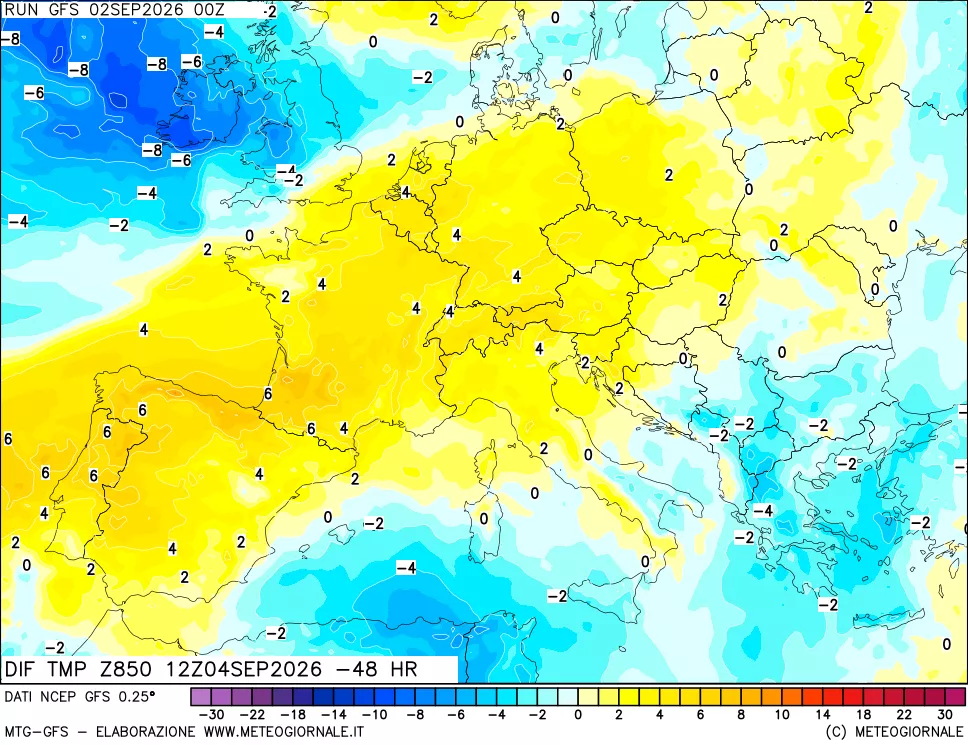mappa Dif. Temp a 850 hPa Valid - Init
