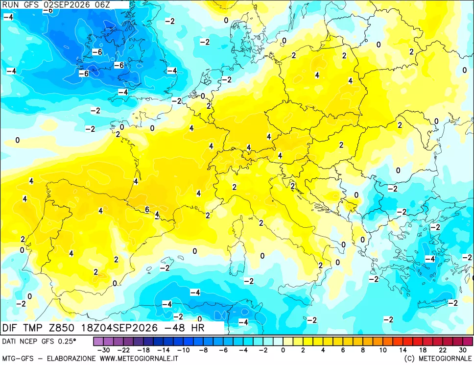 mappa Dif. Temp a 850 hPa Valid - Init