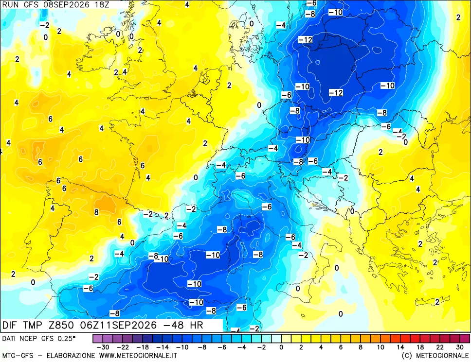 mappa Dif. Temp a 850 hPa Valid - Init
