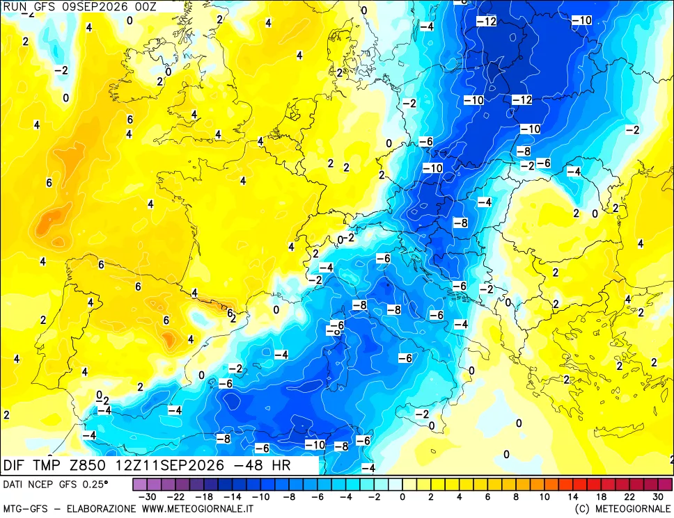 mappa Dif. Temp a 850 hPa Valid - Init