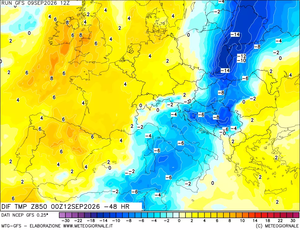 mappa Dif. Temp a 850 hPa Valid - Init