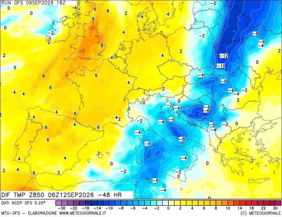 mappa Dif. Temp a 850 hPa Valid - Init