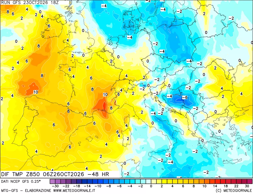 mappa Dif. Temp a 850 hPa Valid - Init