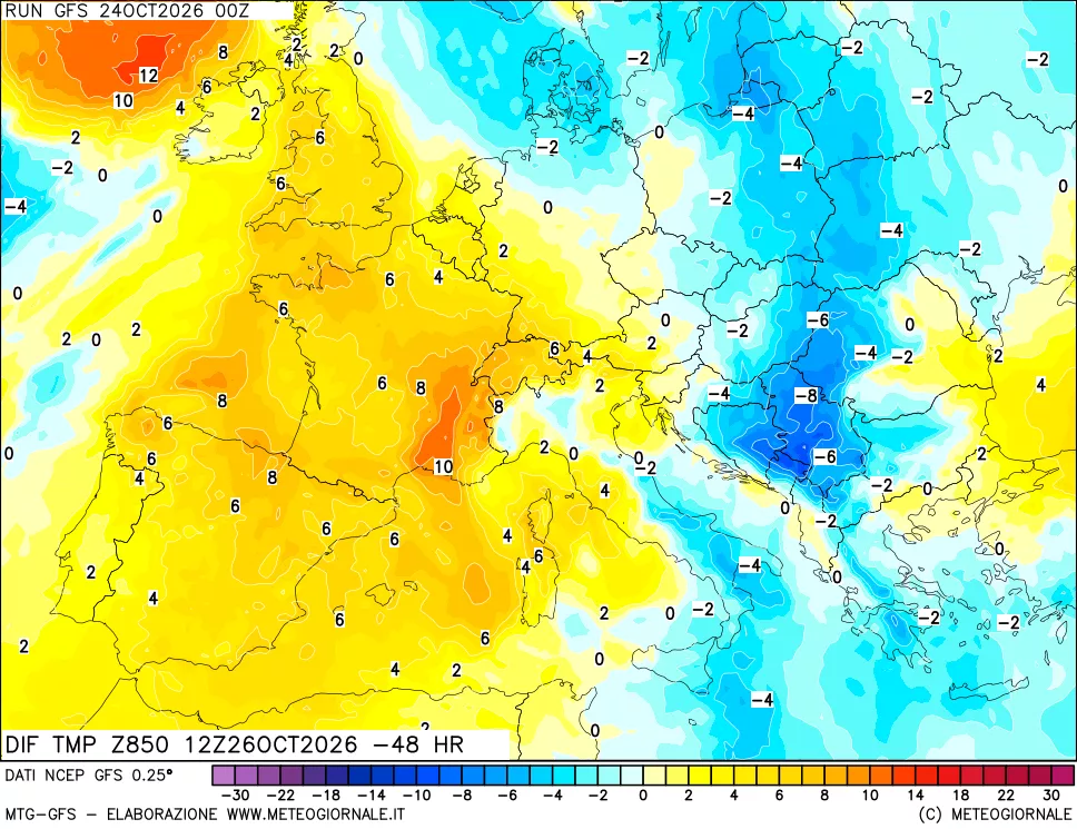 mappa Dif. Temp a 850 hPa Valid - Init