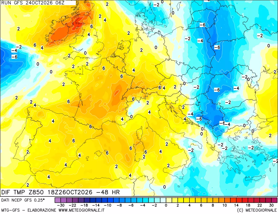 mappa Dif. Temp a 850 hPa Valid - Init