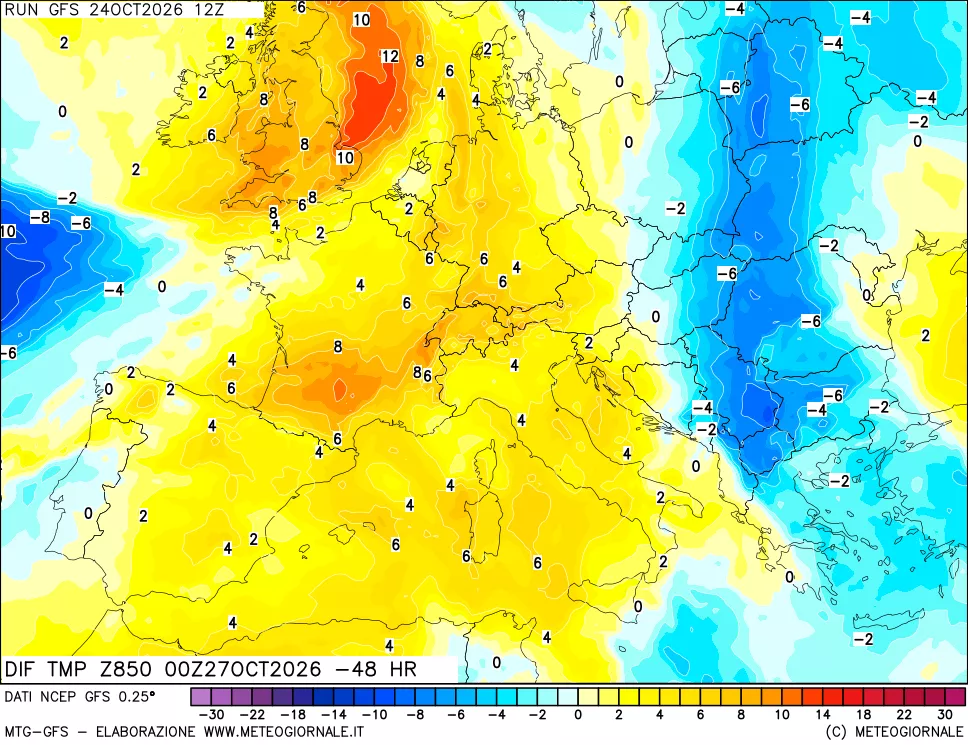 mappa Dif. Temp a 850 hPa Valid - Init