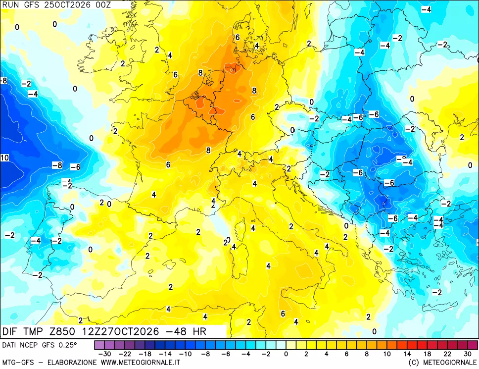 mappa Dif. Temp a 850 hPa Valid - Init