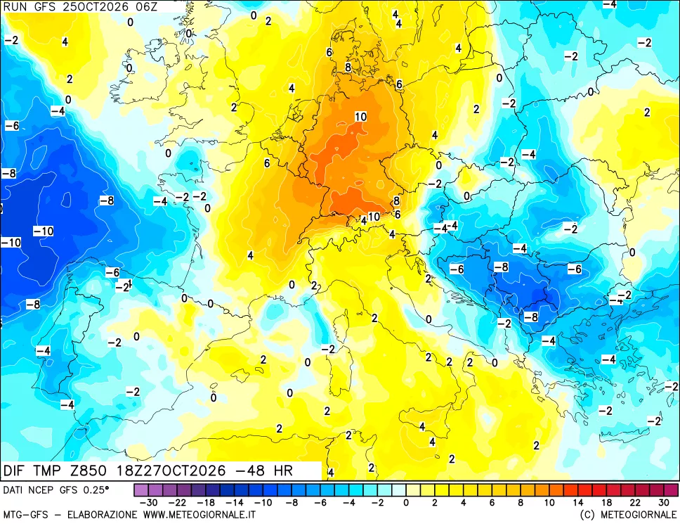 mappa Dif. Temp a 850 hPa Valid - Init
