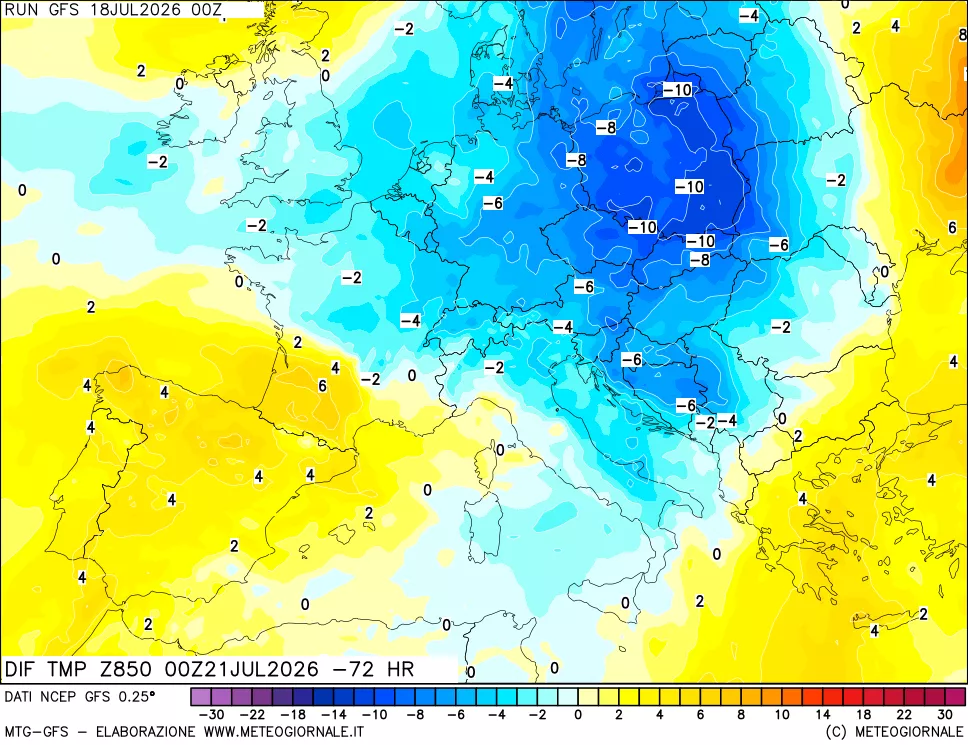 mappa Dif. Temp a 850 hPa Valid - Init