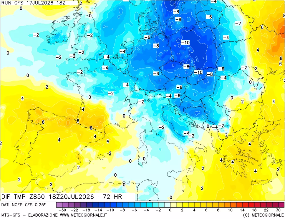 mappa Dif. Temp a 850 hPa Valid - Init
