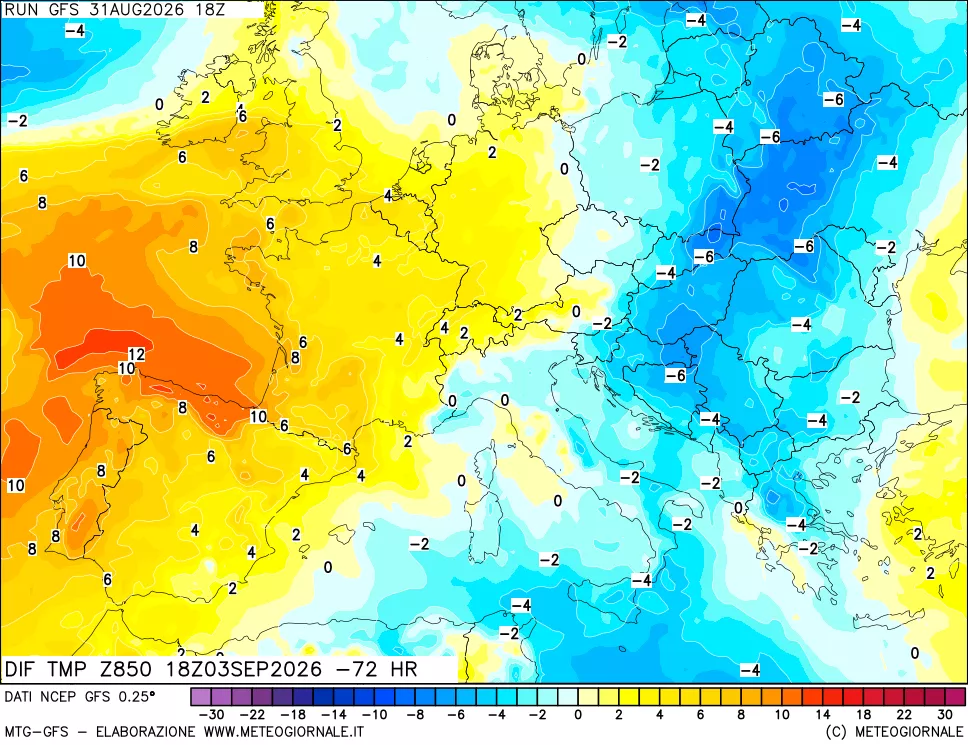 mappa Dif. Temp a 850 hPa Valid - Init