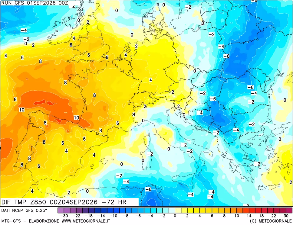 mappa Dif. Temp a 850 hPa Valid - Init
