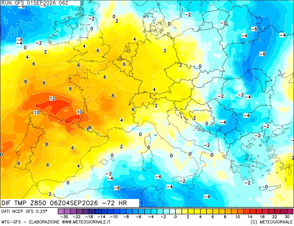 mappa Dif. Temp a 850 hPa Valid - Init