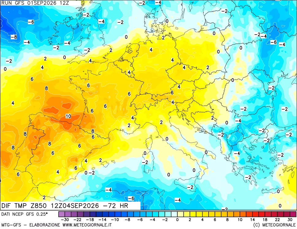 mappa Dif. Temp a 850 hPa Valid - Init