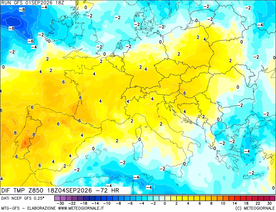 mappa Dif. Temp a 850 hPa Valid - Init