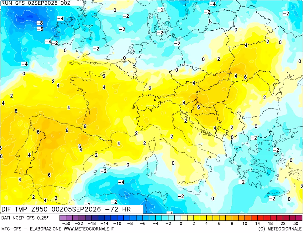 mappa Dif. Temp a 850 hPa Valid - Init