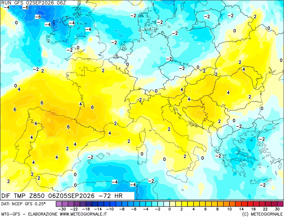 mappa Dif. Temp a 850 hPa Valid - Init