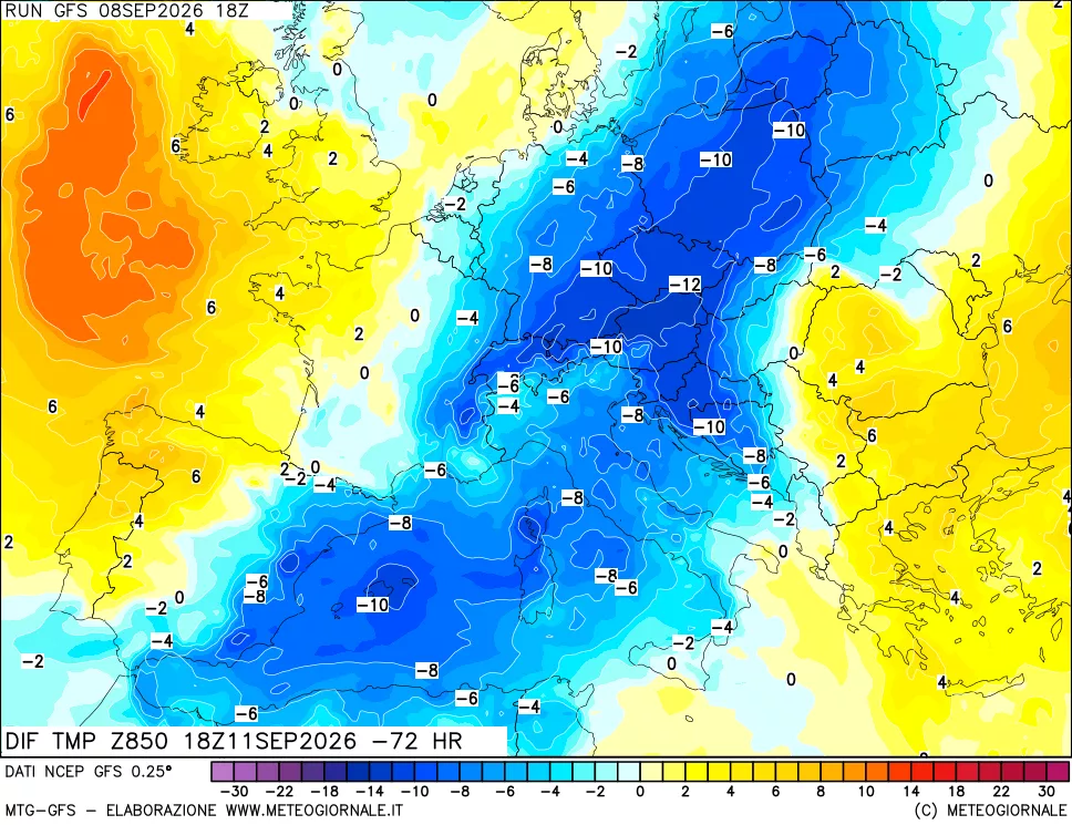 mappa Dif. Temp a 850 hPa Valid - Init