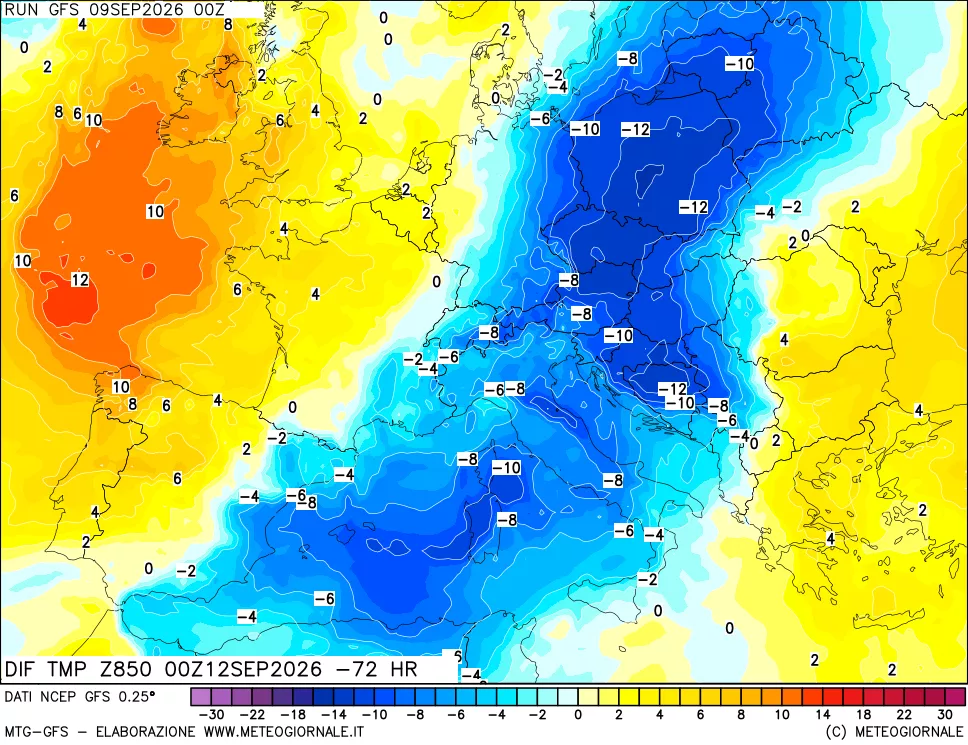 mappa Dif. Temp a 850 hPa Valid - Init