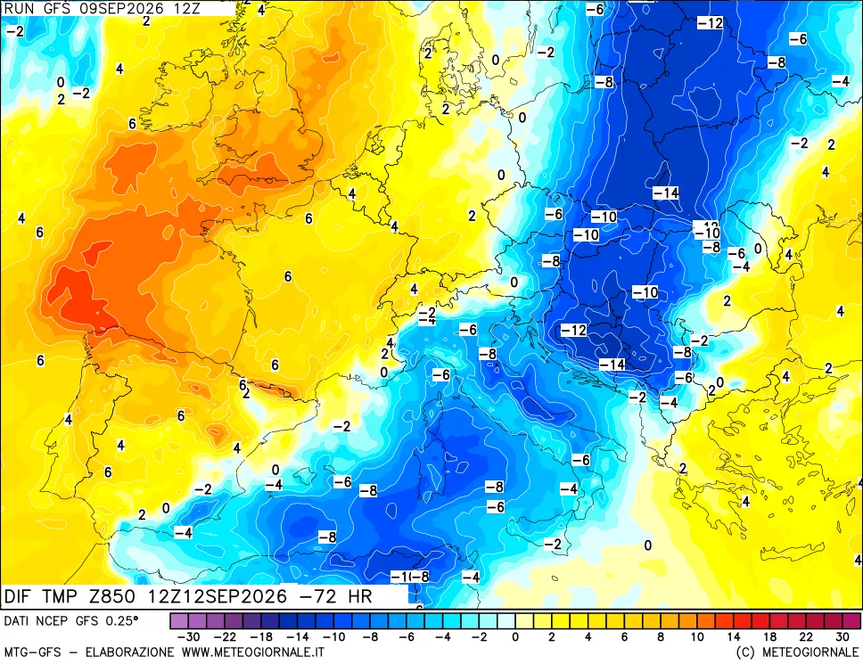 mappa Dif. Temp a 850 hPa Valid - Init