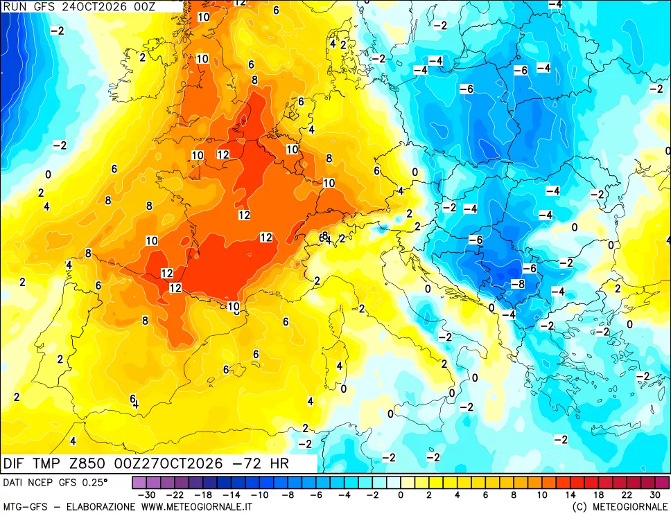 mappa Dif. Temp a 850 hPa Valid - Init