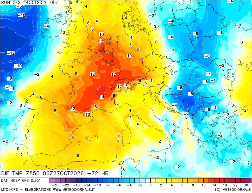 mappa Dif. Temp a 850 hPa Valid - Init