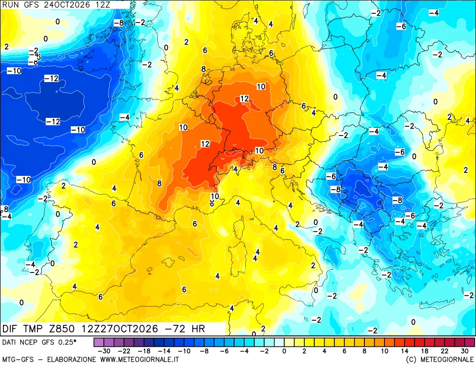 mappa Dif. Temp a 850 hPa Valid - Init