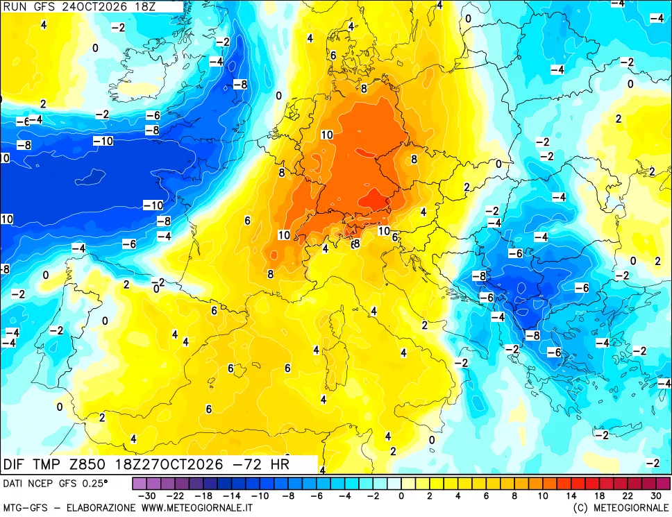 mappa Dif. Temp a 850 hPa Valid - Init