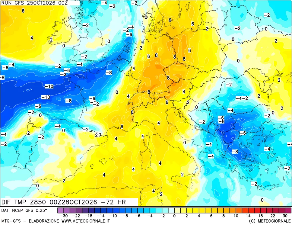 mappa Dif. Temp a 850 hPa Valid - Init